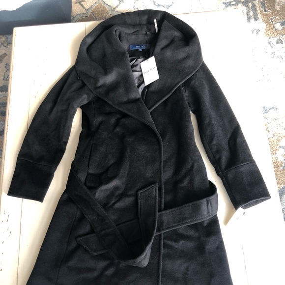 Cole Haan Womens Luxury Wool Asymmetrical Coat with Oversized Shawl Collar